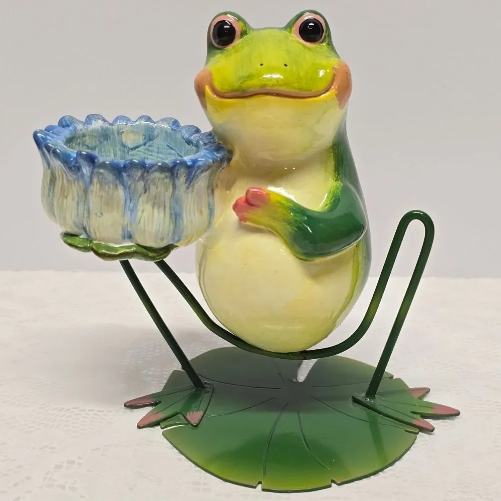 Garden Frog Tea Light Candle Holder Ceramic And Metal Village Farmhouse